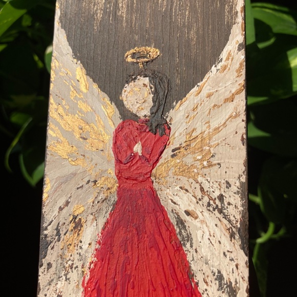 Red Angel Painting on Wood Block. Hand painted. Textured Acrylic Painting - Picture 3 of 8